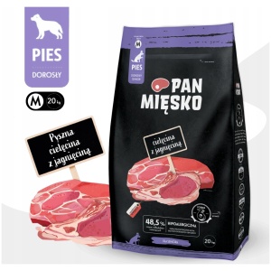 PAN MIĘSKO TØRRFÔR TIL VOKSEN HUND KALV OG LAM STØRRELSE M 20KG